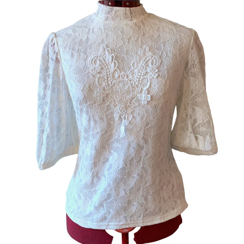 Frida Kahlo X SHEIN - Off white Lace Puff Sleeve Blouse - Large (fit medium)